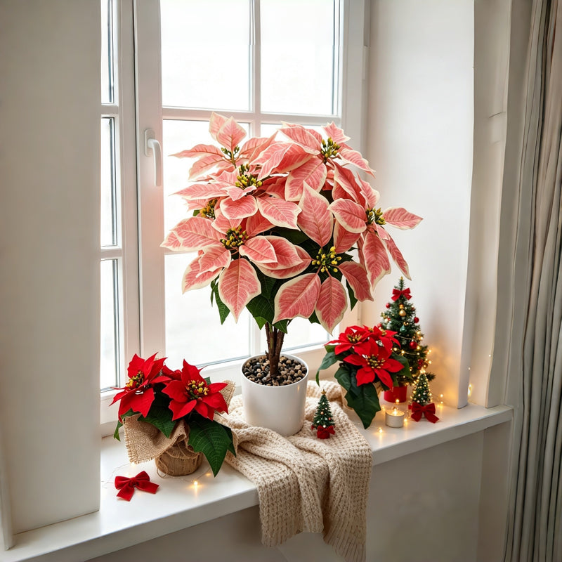 23" Artificial Poinsettia Bush with 12 Blooms, Silk-Like Fabric Christmas Flowers for Holiday Decor, Weddings & Home Styling