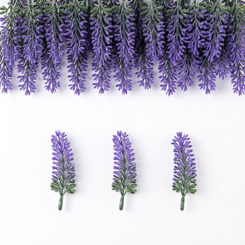 50 Artificial Frosted Lavender Sprigs, 4" Mini Faux Flowers for DIY Arrangements, Wedding Decor & Home Styling
