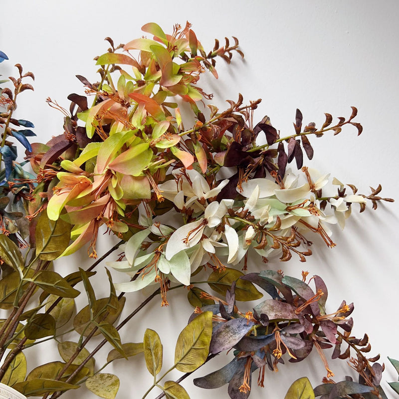 Single Stem Artificial Erythrina Flower with Eucalyptus Leaves and Coral Leaves, 33" Tall, Faux Silk, Indoor or Outdoor Use