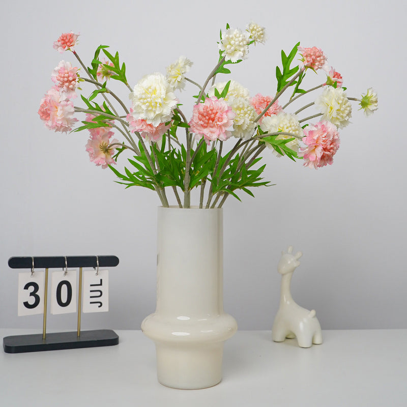 Artificial Scabiosa, Carnation & Daisy Flower Bush with 3 Blooms, Flocked Faux Floral for Wedding, Home & Office Decor