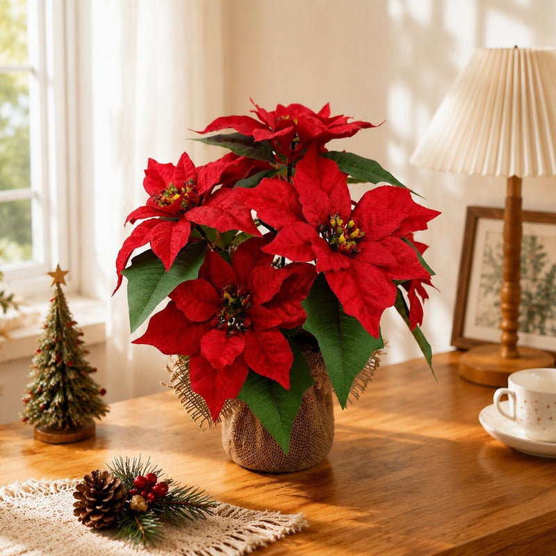 14" Artificial Poinsettia Bush with Planter, Christmas Holiday Decor for Home, Office & Events, Realistic Plastic Faux Floral Arrangement