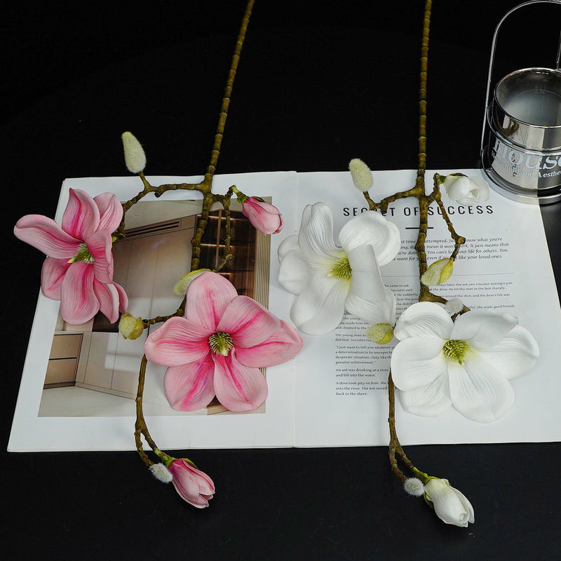 Single Stem Magnolia Branch with 4 Blooms, 27" Tall PU Faux Flower for Home Decor, Weddings & Events