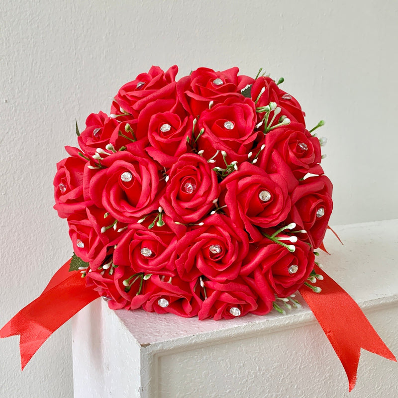 Artificial Silk Rose Bridal Bouquet, 18-Bloom Wedding Bouquet in Cream White, 12" Height for Bridesmaids & Centerpieces