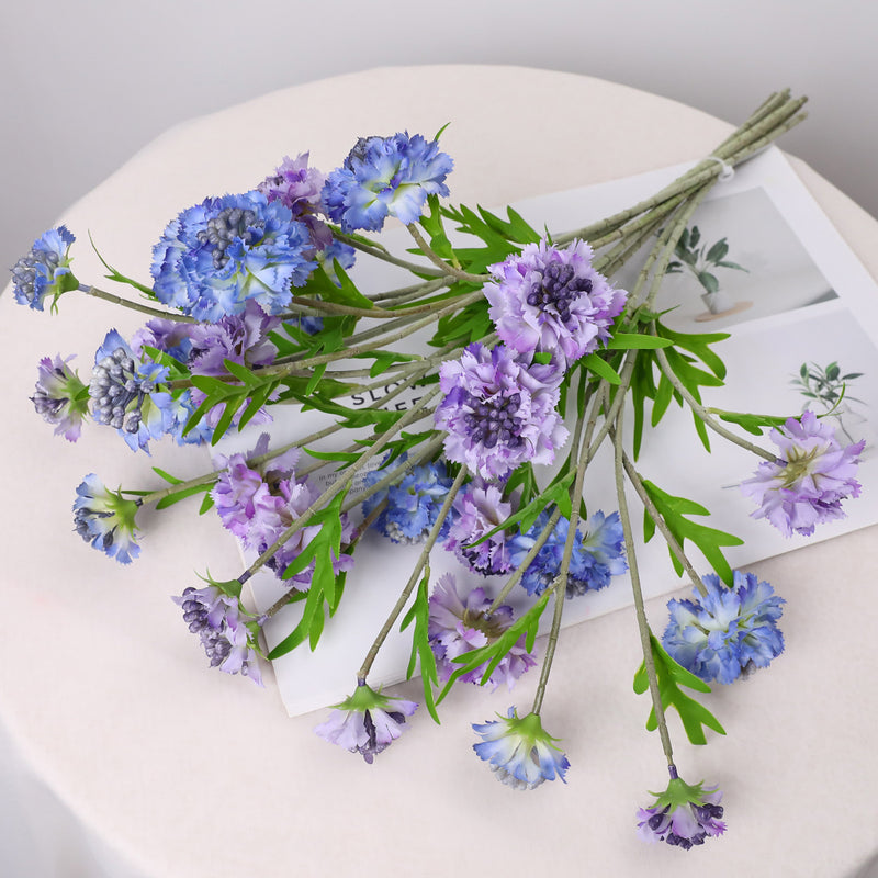 Artificial Scabiosa, Carnation & Daisy Flower Bush with 3 Blooms, Flocked Faux Floral for Wedding, Home & Office Decor