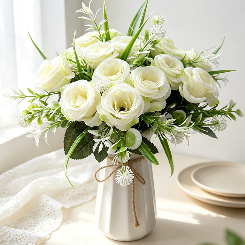 18-Bloom Rose Bush, Modern Farmhouse Style Artificial Flower Bouquet for Home Decor, Weddings, and Events