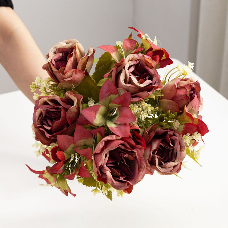 13" Realistic Silk Rose & Lily Bush, 9 Blooms, Wedding & Home Décor, Indoor/Outdoor Use