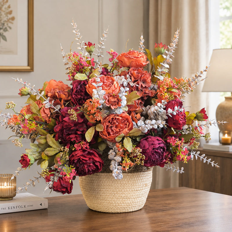 Artificial Peony & Hydrangea Bouquet, 3-Bloom Faux Silk Flowers with Bendable Stems, Autumn Home & Wedding Decor