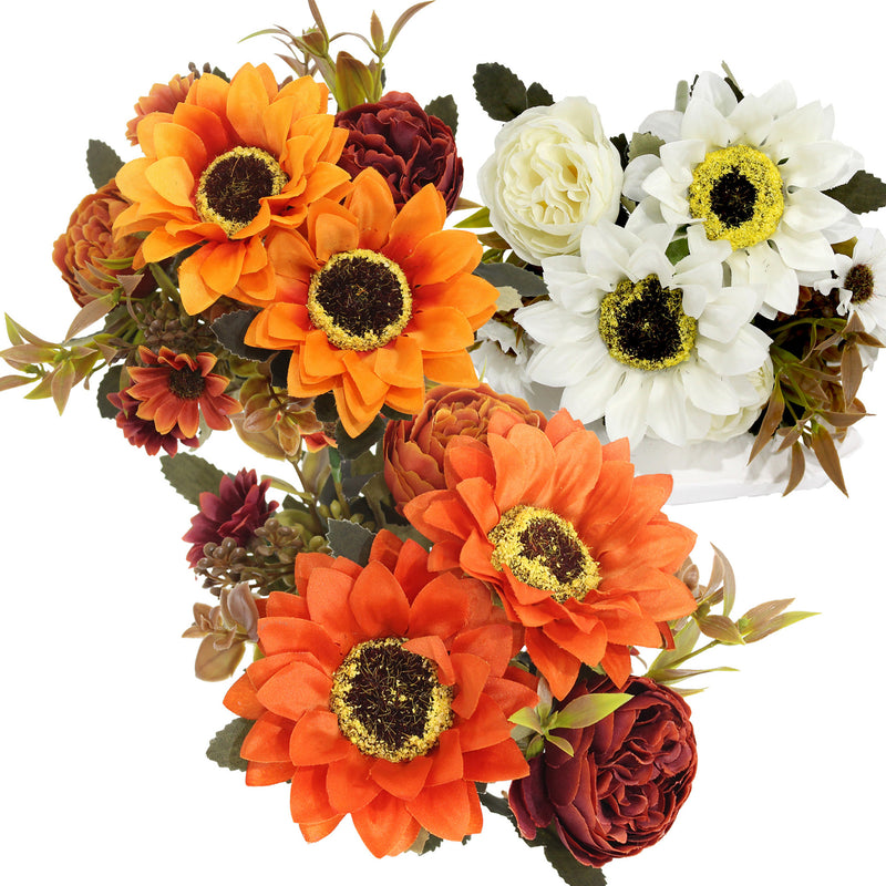 13" Artificial Peony, Daisy & Sunflower Bush with 8 Blooms, Plastic Faux Flowers for Home, Wedding, Outdoor Decor