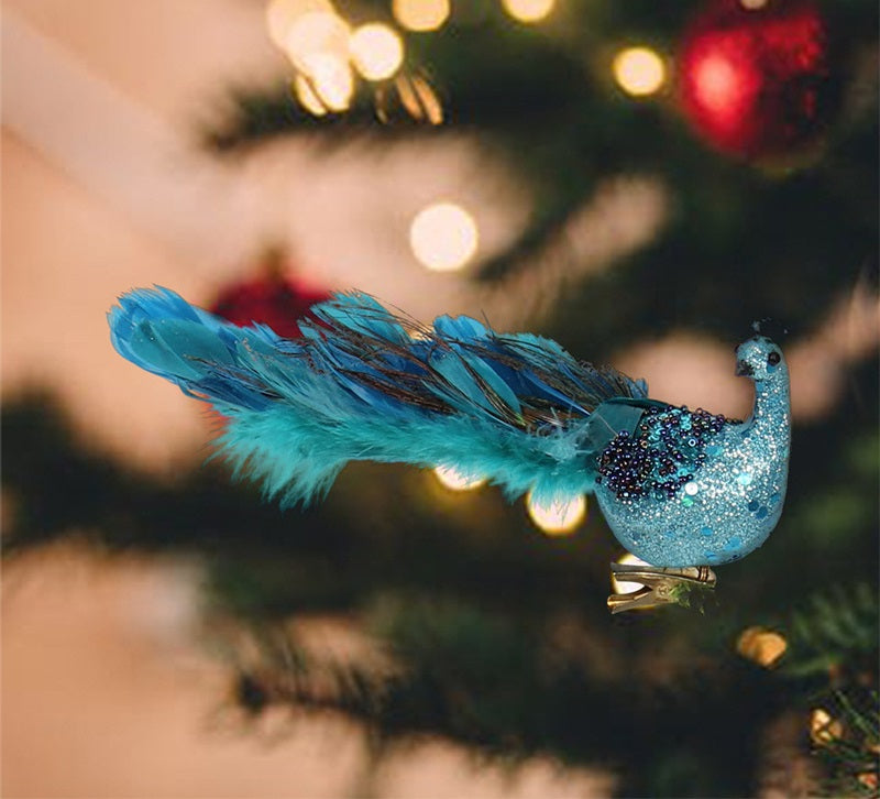 Bulk Christmas Glitter Simulated Peacock Ornaments with Open Screen Decorations for Xmas Tree Home Wall Door Party Decor Wholesale