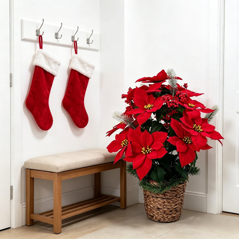 24-Bloom Artificial Poinsettia Bush, 23" Silk-like Floral Arrangement for Christmas, Weddings, Home & Office Decor