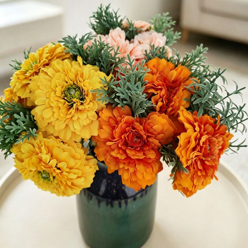 Faux Silk Marigold Bouquet, 12" Tall, Yellow/Magenta/Champagne - DIY Wedding, Home & Office Decor
