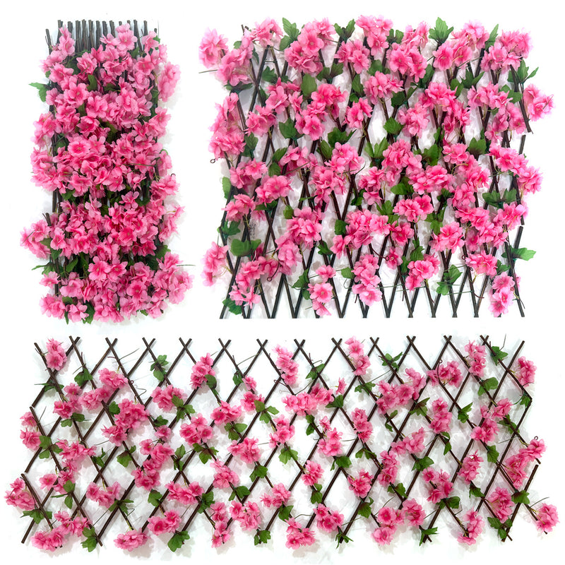 Artificial Cherry Blossom Expandable Fence Panel, Faux Silk Flower Trellis for Garden, Balcony, Patio & Party Decor