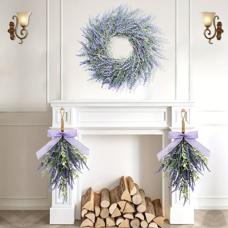 Artificial Lavender Bow Wall Hanging, Purple Faux Floral Door Swag for Home Decor, Holiday & Window Display