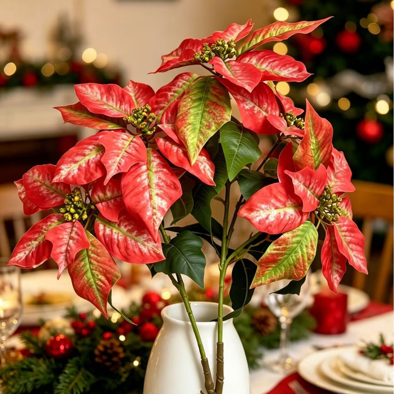 Artificial Poinsettia Bush with 12 Blooms, 18" Tall, Lifelike Silk-Like Faux Flowers for Christmas Decor, Weddings, Home & Office