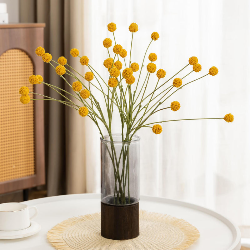 Artificial Craspedia Billy Balls Bush, 4 Yellow Globe Blooms, Faux Plastic Floral Stem for Vases, Home Decor & Weddings