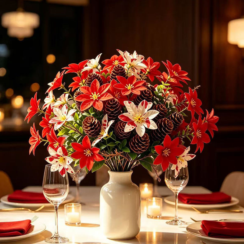 Artificial Poinsettia Eucalyptus Single Stem, 12", Plastic, Set of 10, Indoor Outdoor Decor for Christmas, Weddings, Parties