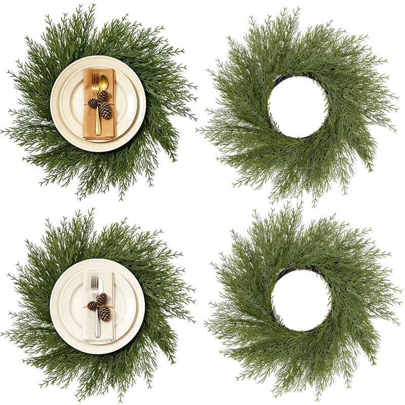 Artificial Christmas Pine Wreath Table Mats, Set of 2 Faux Cypress Greenery Centerpiece Rings, Holiday & Wedding Decor