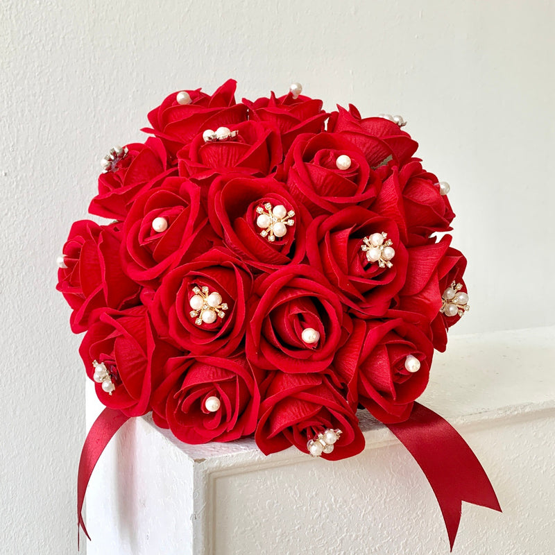 Artificial Silk Rose Bridal Bouquet, 18-Bloom Wedding Bouquet in Cream White, 12" Height for Bridesmaids & Centerpieces