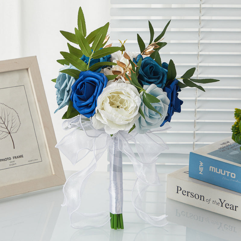 Hand-Tied Bouquet with 7 Rose Blooms, 11.4" Tall, Rustic Style, Perfect for Weddings and Indoor Décor