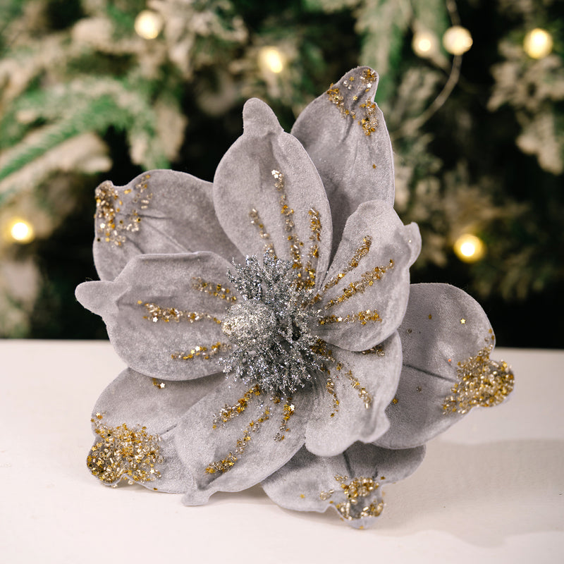 Gold Glitter Velvet Magnolia Artificial Flower Stem, Single Stem 1 Bloom, Christmas Tree Ornament, Holiday & Wedding Decor