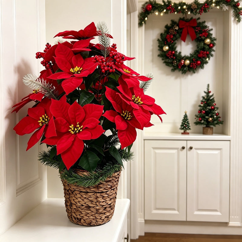 24-Bloom Artificial Poinsettia Bush, 23" Silk-like Floral Arrangement for Christmas, Weddings, Home & Office Decor