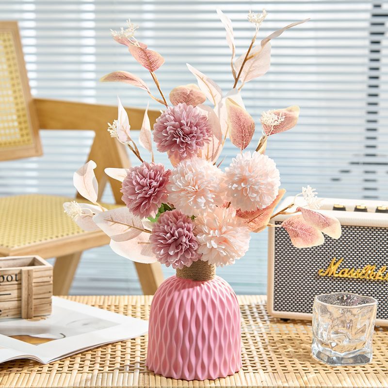 18" Artificial Chrysanthemum and Eucalyptus Bush, 6 Blooms, Realistic Floral Arrangement for Home Decor, Weddings, Events