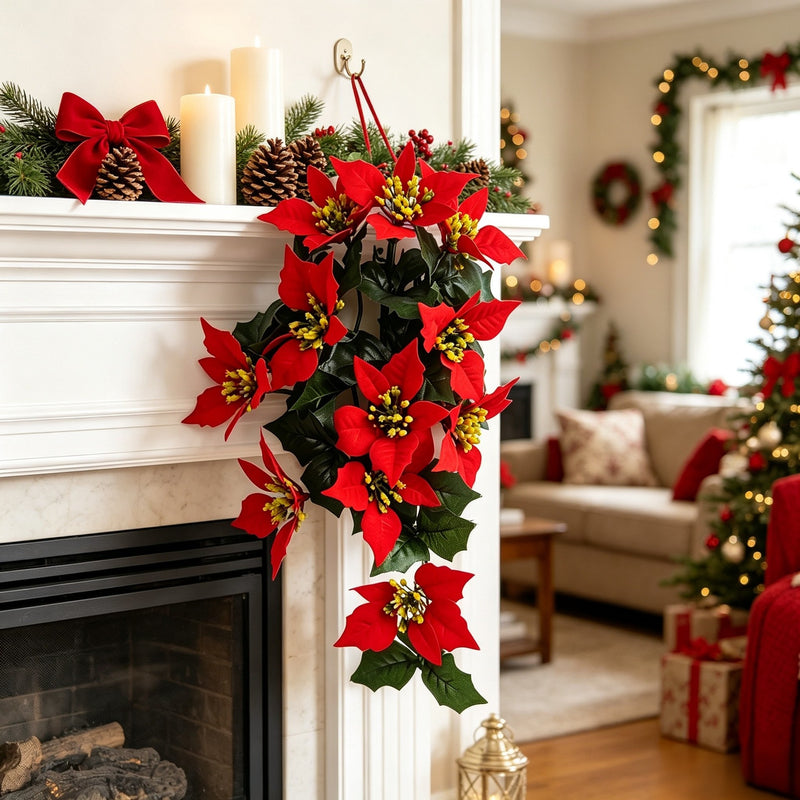 16" Artificial Poinsettia Garland with 11 Blooms, Bendable Wire Stem Christmas Holiday Decor for Walls, Doors and Banisters