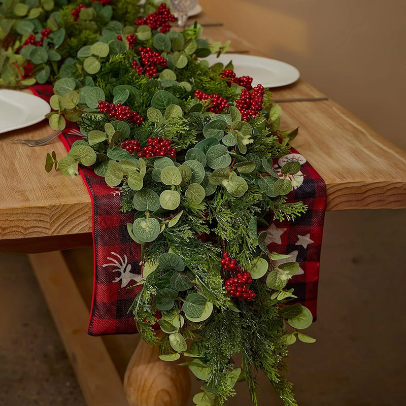 Artificial Christmas Garland Vine with Red Berries & Pine, Faux Money Leaf Greenery for Holiday Wall Decor, Mantel & Window Displays