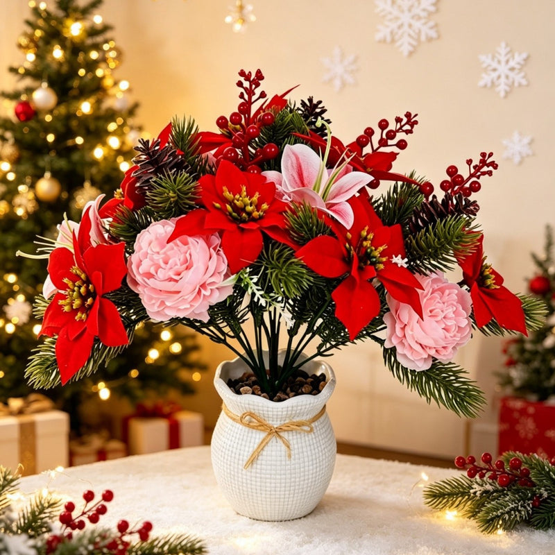 12" Artificial Poinsettia Bush, Lifelike Christmas Decor for Home, Weddings & Commercial Displays
