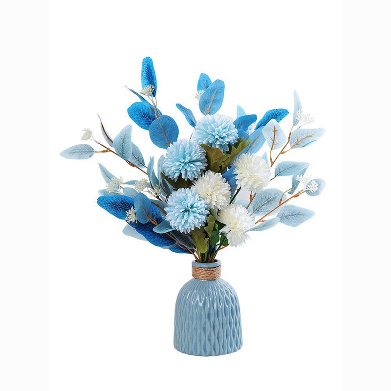 18" Artificial Chrysanthemum and Eucalyptus Bush, 6 Blooms, Realistic Floral Arrangement for Home Decor, Weddings, Events