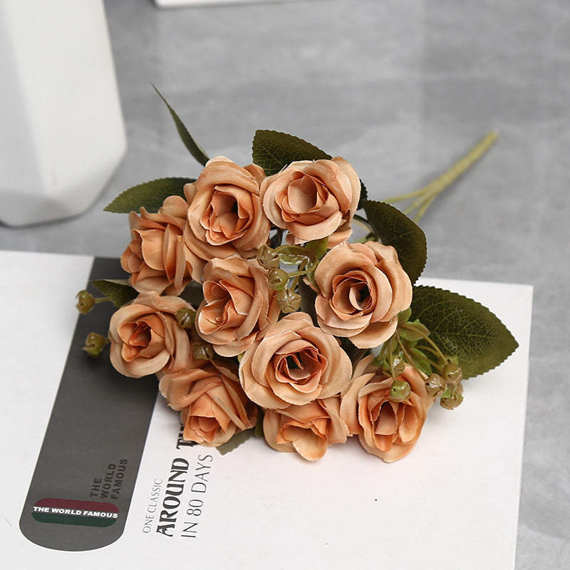 Artificial Silk Rose Bouquet with 10 Blooms, 12" Tall Faux Roses for Weddings, Home Decor & Events