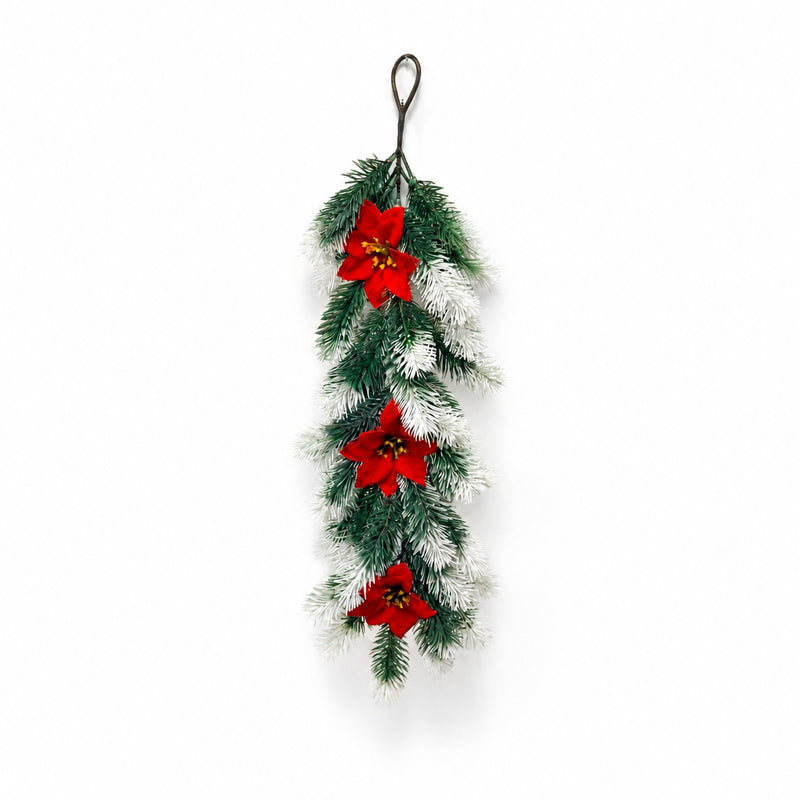 Artificial Pine Needle Poinsettia Christmas Wreath Hanging Vine, Red Berry Wall Door Swag, Green or White-Green, Holiday Decor
