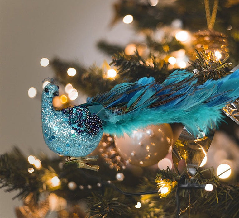 Bulk Christmas Glitter Simulated Peacock Ornaments with Open Screen Decorations for Xmas Tree Home Wall Door Party Decor Wholesale