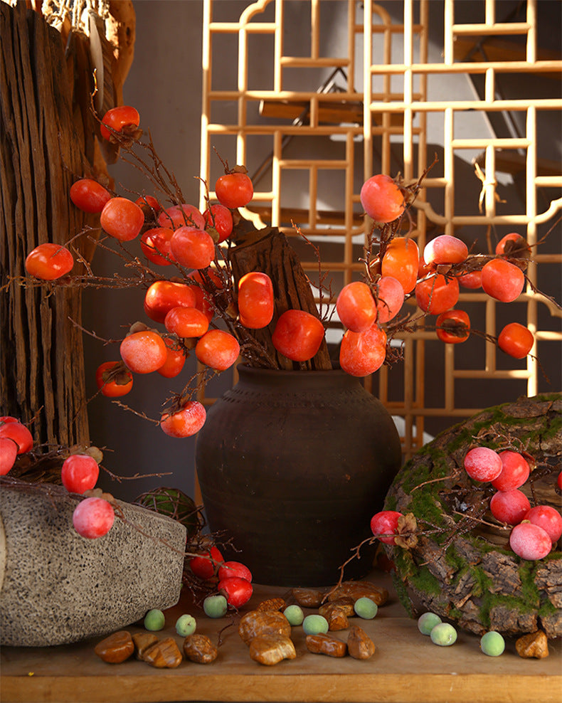 Venta al por mayor de frutas artificiales de ramas de árboles de tallos largos de caqui de 37 "a granel