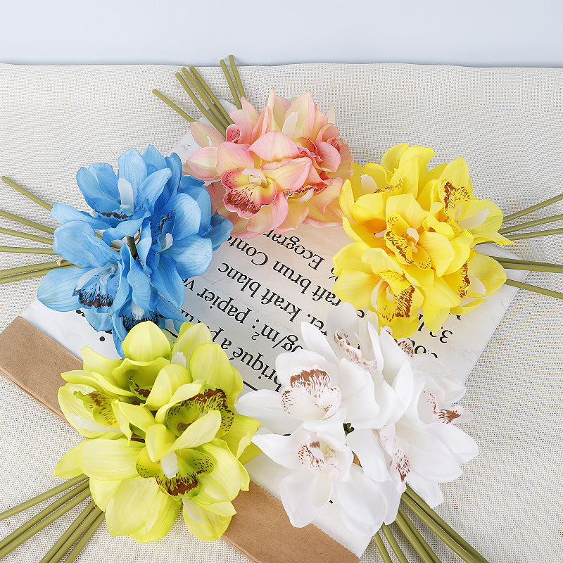 Cymbidium Orchid Bouquet, 6-Bloom Faux Flowers, Latex Real-Touch, Bendable Stems for Wedding, Vase & Home Decor