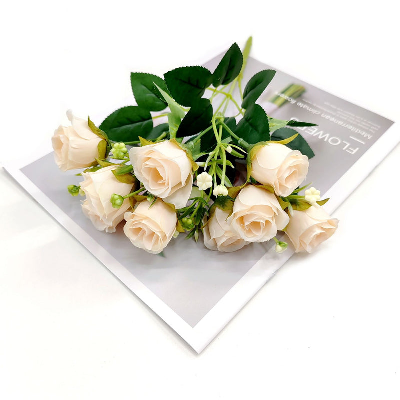 Modern Artificial Rose Bush with 10 Blooms, 12" Tall Plastic Faux Flowers for Home Decor, Weddings & Events
