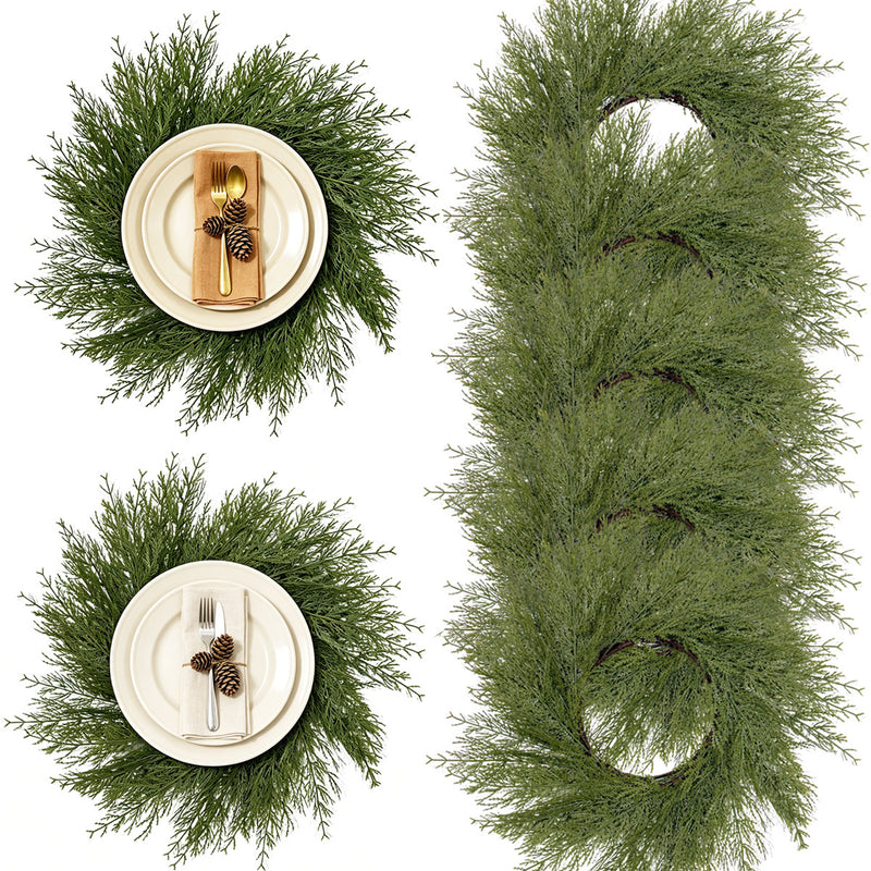 Artificial Christmas Pine Wreath Table Mats, Set of 2 Faux Cypress Greenery Centerpiece Rings, Holiday & Wedding Decor