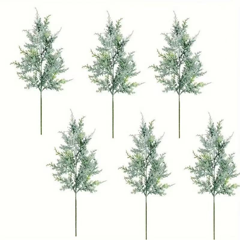 Artificial Cedar Stems, Set of 6 Frosted Flocked Pine Picks, Plastic Christmas Greenery for Wreaths, Vases and Holiday Decor