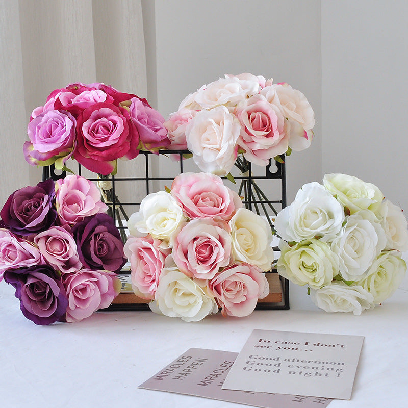 Artificial Rose Bouquet with 7 Blooms, Faux Silk Hand-Tied Bridal Bouquet, Wedding & Home Decor