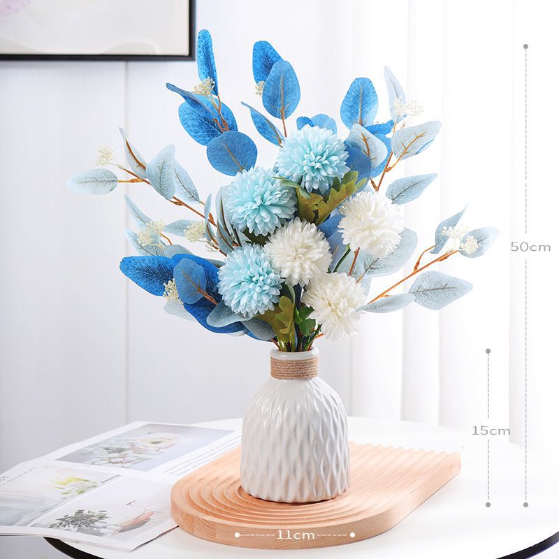 18" Artificial Chrysanthemum and Eucalyptus Bush, 6 Blooms, Realistic Floral Arrangement for Home Decor, Weddings, Events