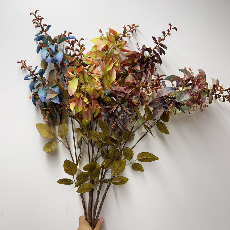 Single Stem Artificial Erythrina Flower with Eucalyptus Leaves and Coral Leaves, 33" Tall, Faux Silk, Indoor or Outdoor Use