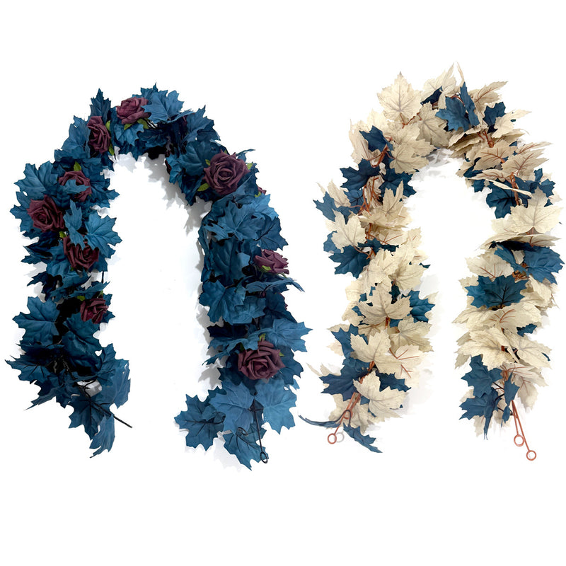 Blue Maple Leaf Rose Garland Vine, 2-Pack Artificial Fall Vines, Silk-Like Fabric, Halloween & Autumn Decor