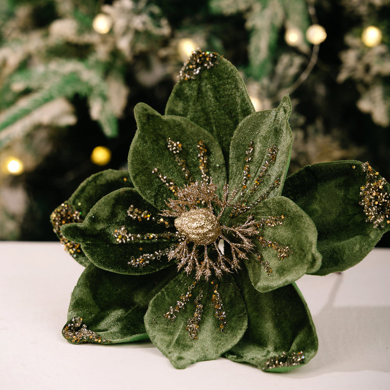 Gold Glitter Velvet Magnolia Artificial Flower Stem, Single Stem 1 Bloom, Christmas Tree Ornament, Holiday & Wedding Decor