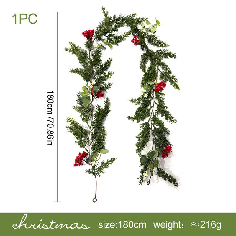 Artificial Pine Cypress Vine Garland with Red Berries & Money Leaves, Trailing Greenery for Christmas Door & Mantel Decor