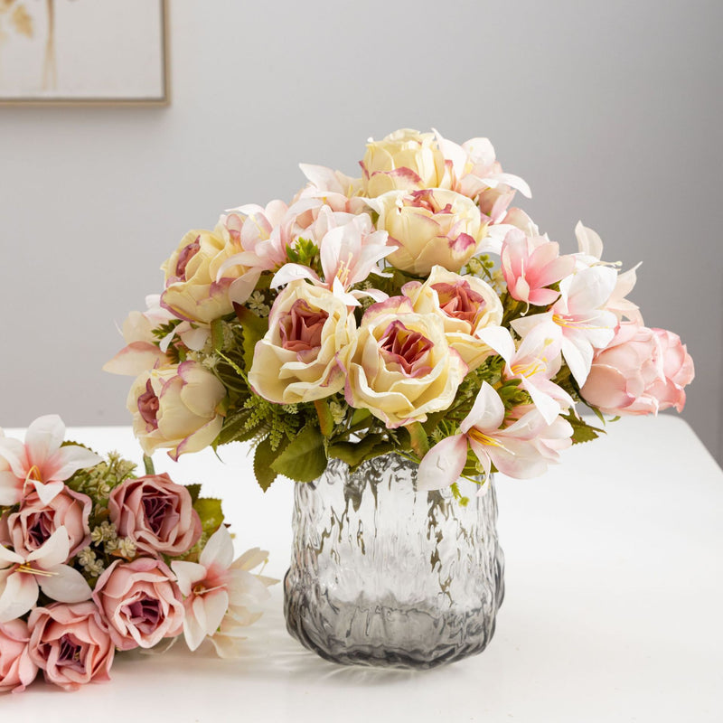 13" Realistic Silk Rose & Lily Bush, 9 Blooms, Wedding & Home Décor, Indoor/Outdoor Use