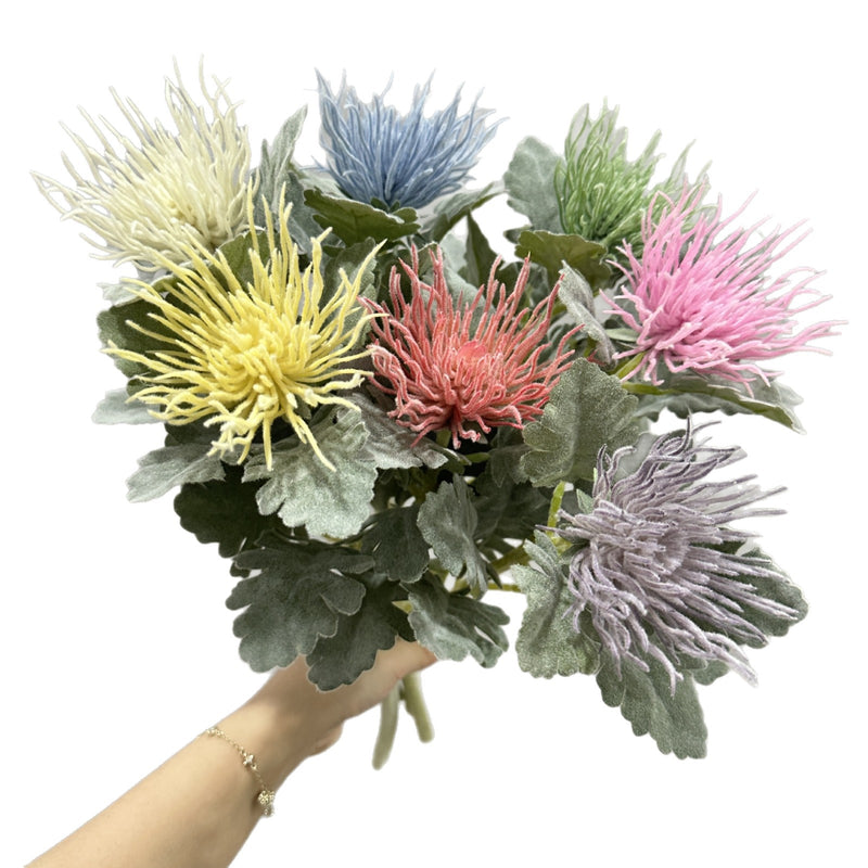 15" Artificial Eryngium Single Stem, Faux Sea Holly Flower with 3" Bloom, Realistic Silk-Like Fabric for Wedding Centerpieces, Home Decor
