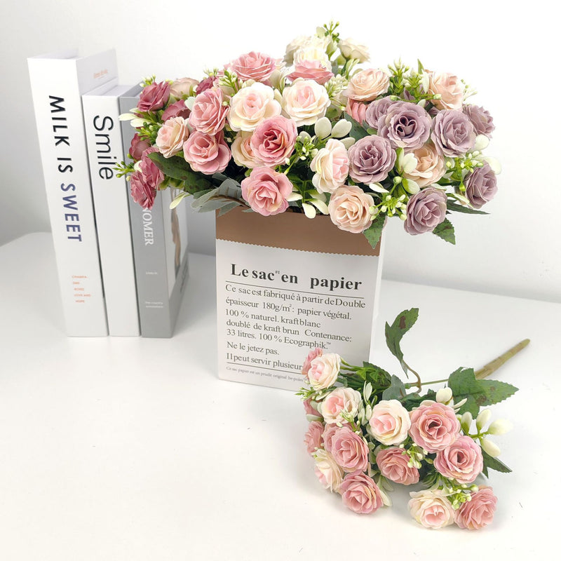 Artificial Rose Bush with 15 Blooms, 12" Silk-like Faux Flowers for Weddings, Home Decor, and Table Centerpieces