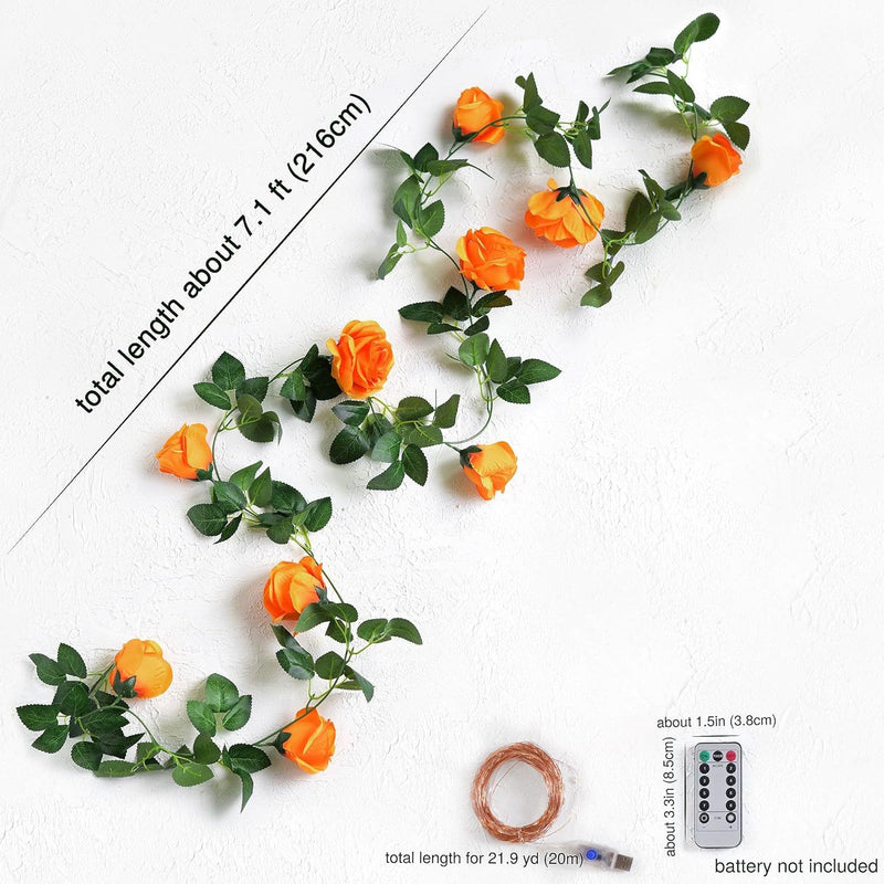 Orange Rose Garland Vine with Lights, Set of 2 Faux Silk Trailing Vines, Halloween, Fall & Wedding Decor