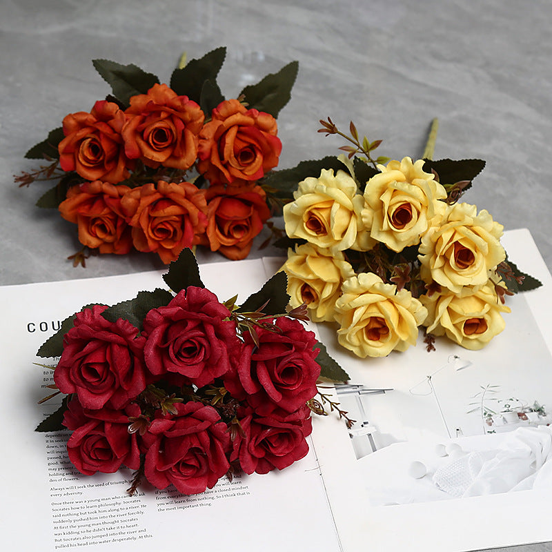 12" Autumn-Toned Rose Bush with 6 Blooms, Faux Silk Floral Arrangement for Home Decor, Weddings & Events