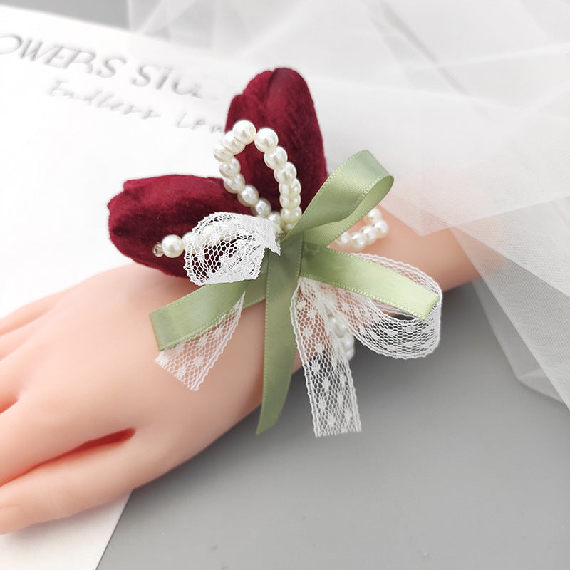 Bulk Romantic Marsala Artificial Velvet Tulips Wrist Corsage Wholesale